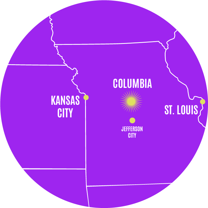 Map of the Midwest with Columbia highlighted as the state capital, with Kansas City, St. Louis, and Jefferson City marked.
