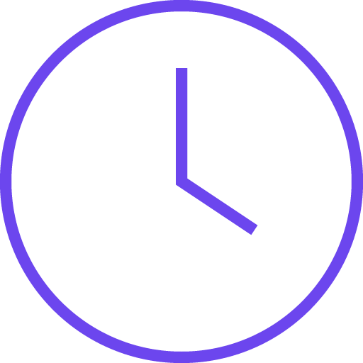 A clock with a black face, purple outline, and purple hour and minute hands showing 3:00.
