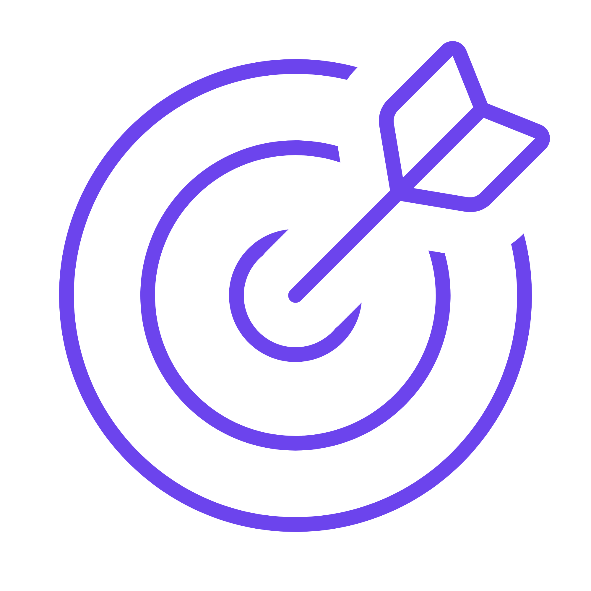 Pixel-style line art of a 3 concentric circles with a dart in the center, signifying a target hitting a bullseye. In purple.