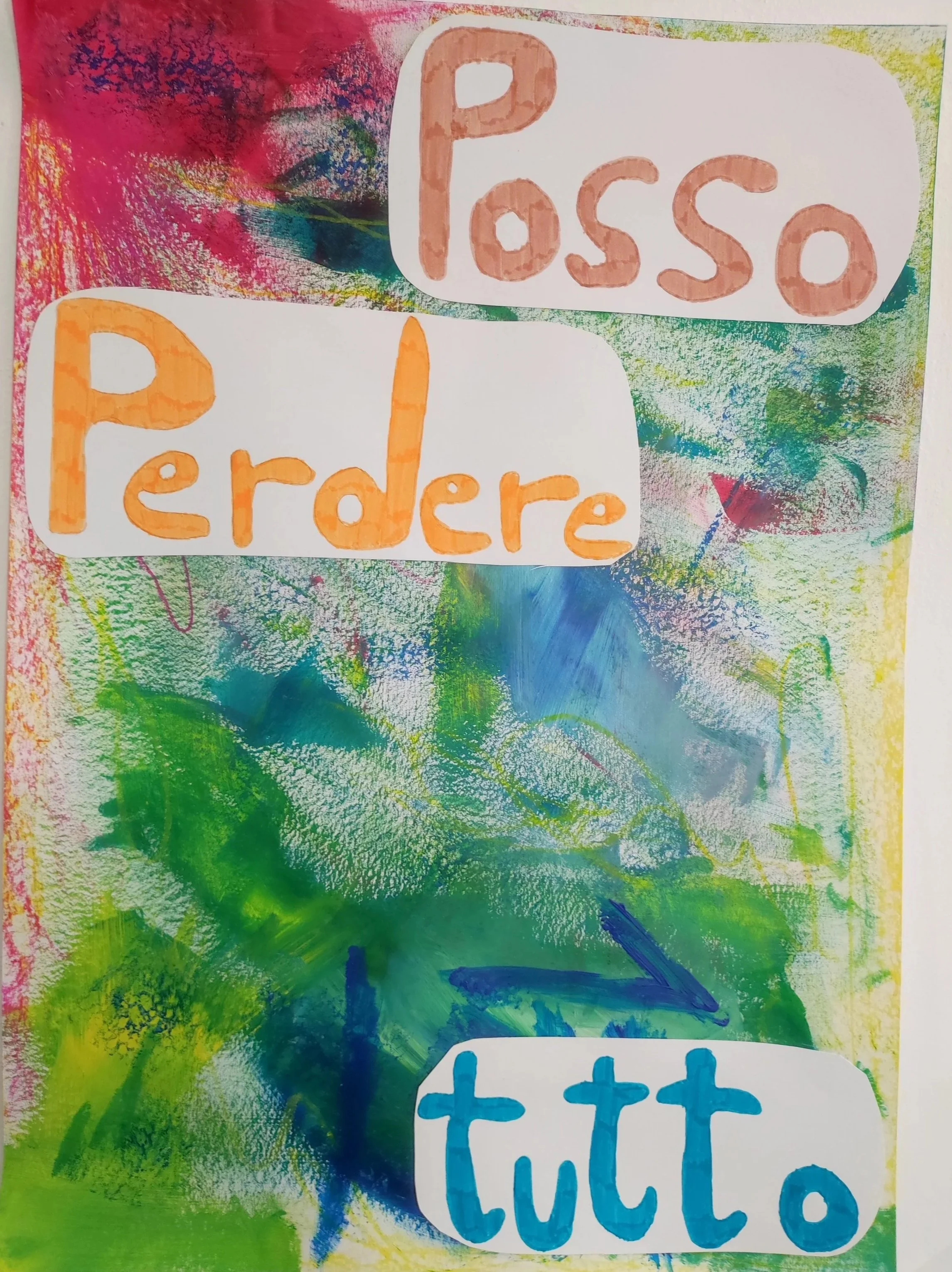 Colorful abstract background with white speech bubbles containing words in large, colorful letters. The top bubble says 'Possa,' the middle says 'Perdere,' and the bottom says 'tutto'.