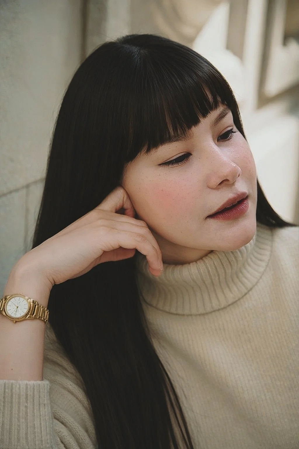 A young woman with long dark hair and bangs, wearing a beige turtleneck sweater and a gold wristwatch, rests her head on her hand and looks off to the side.