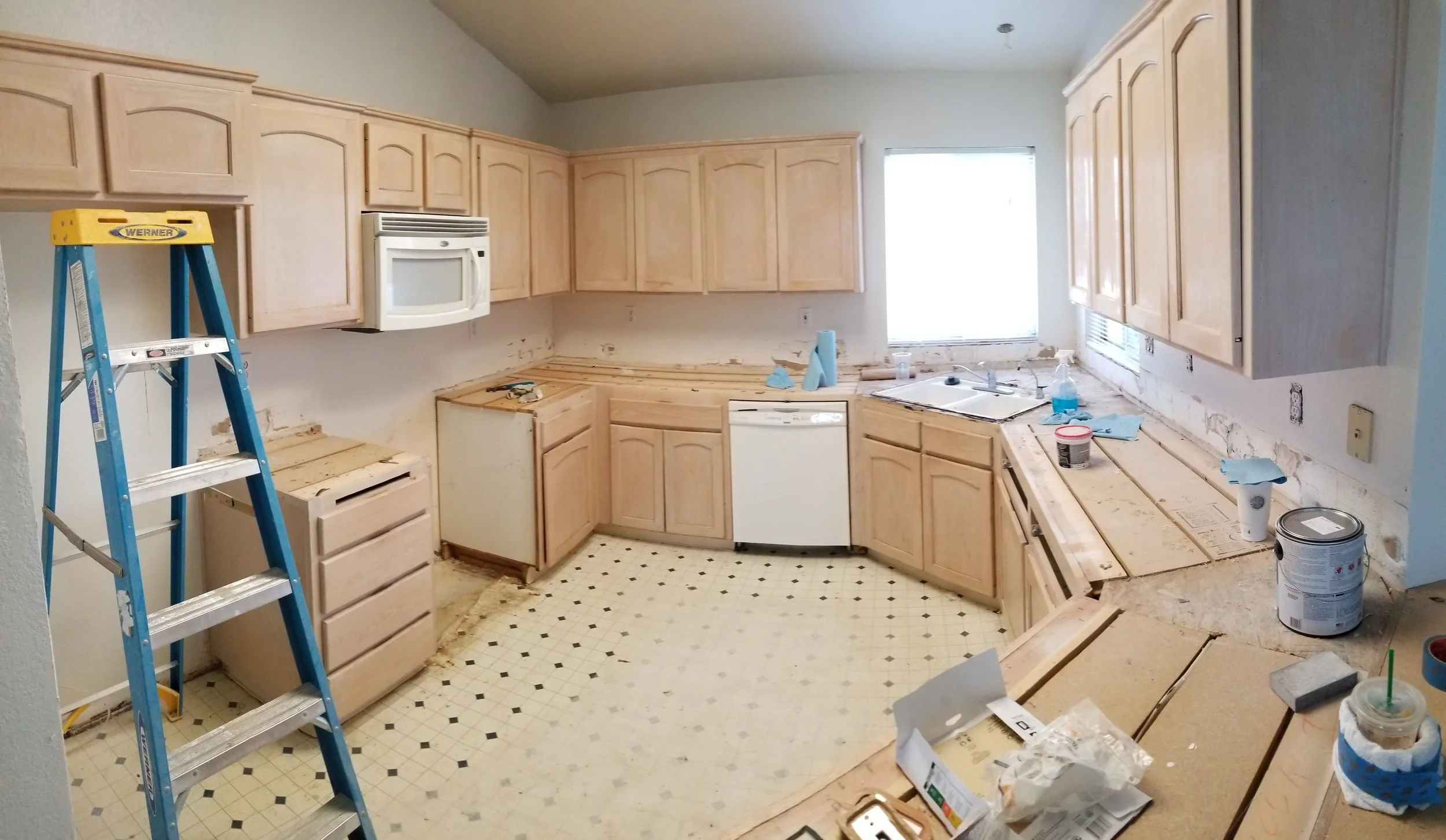 Kitchen cabinets prepped and ready for paint. Residential home in orange County