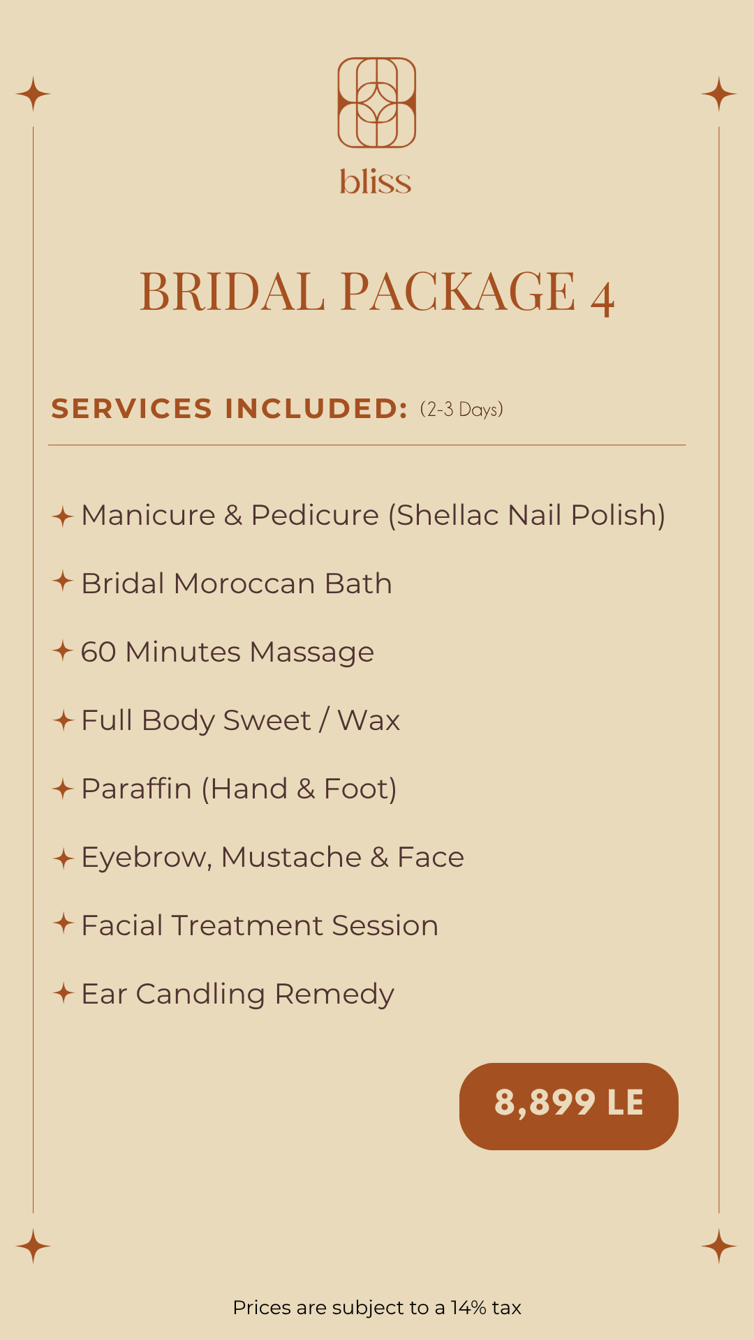 Bridal Package 4 prices at Bliss Spa in Heliopolis, Cairo