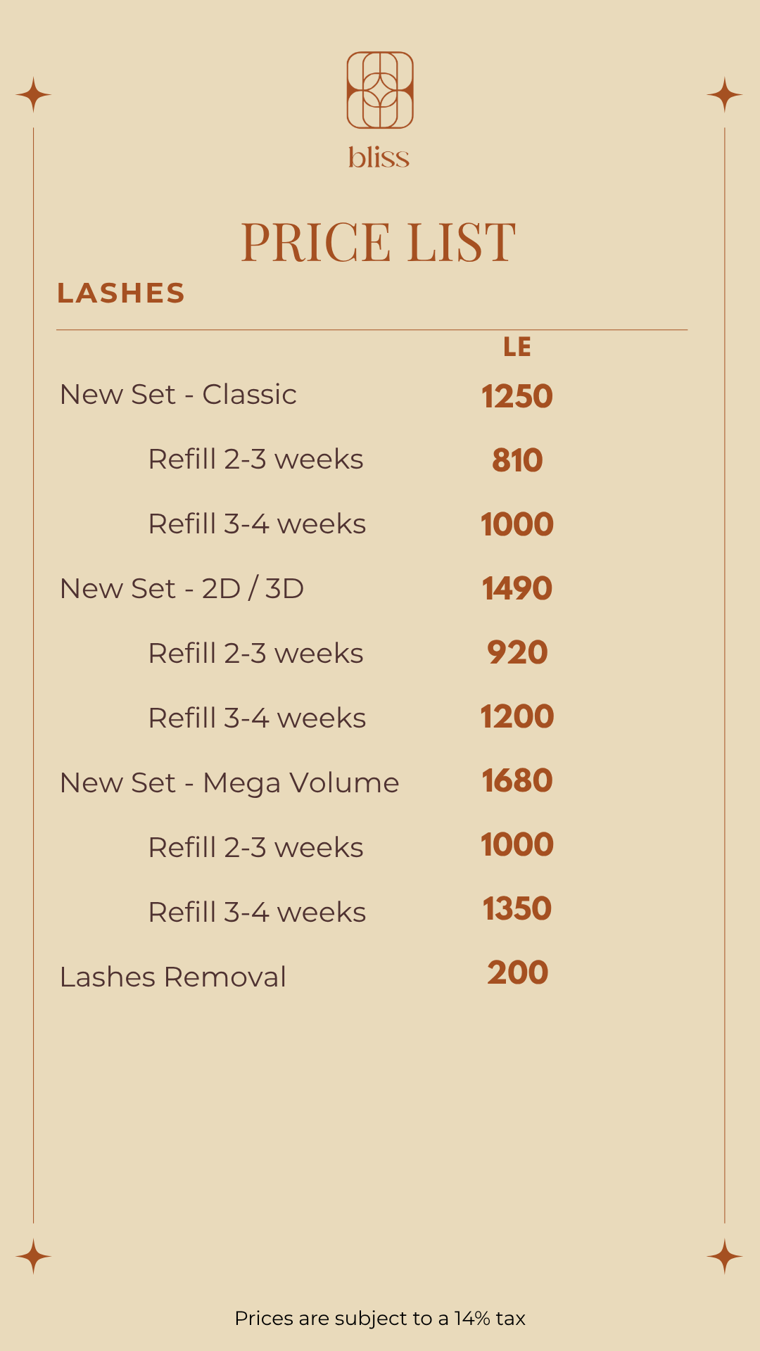 Lashes prices at Bliss Spa in Heliopolis, Cairo