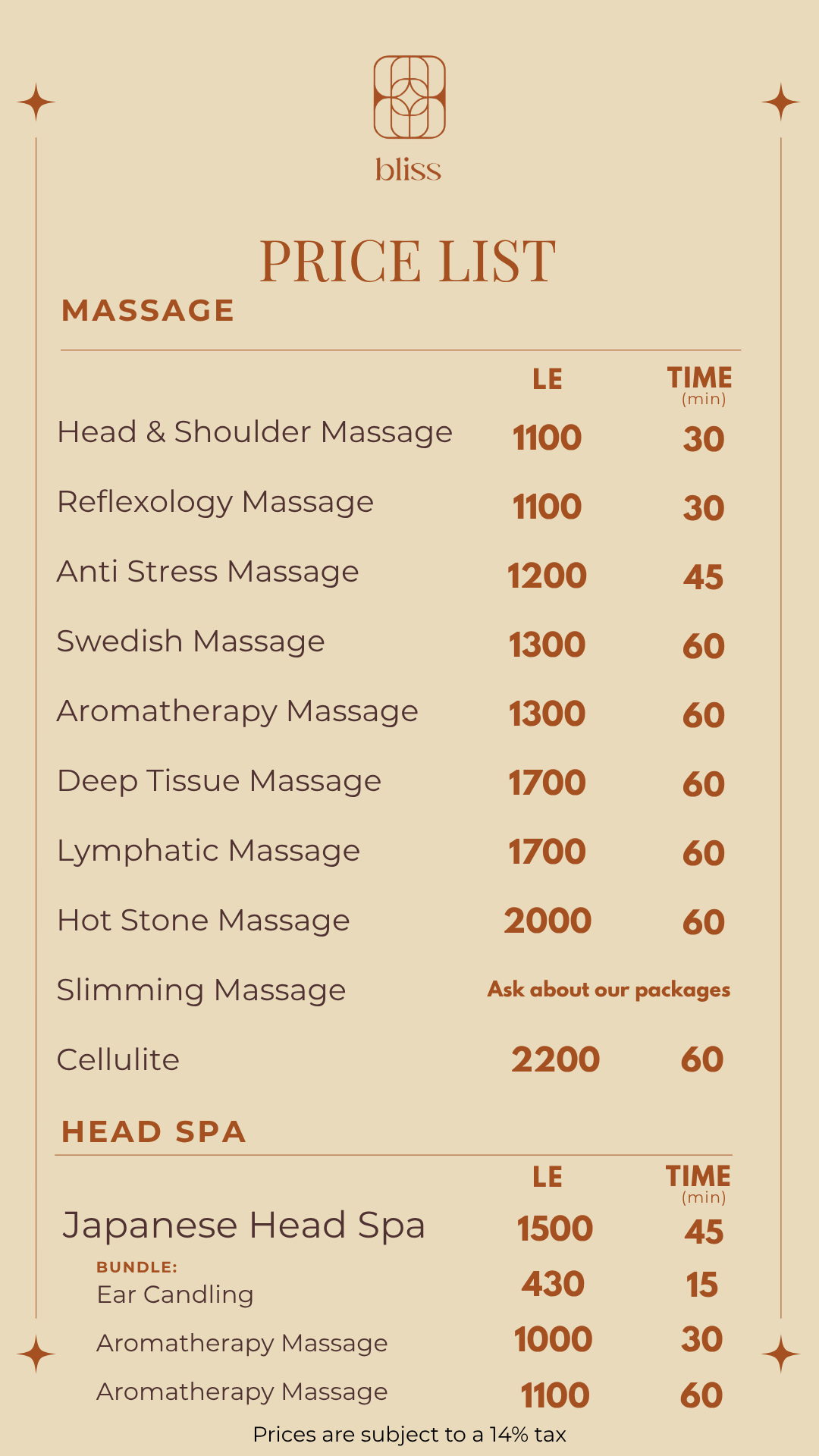 Massage and Japanese Head Spa prices at Bliss Spa in Heliopolis, Cairo