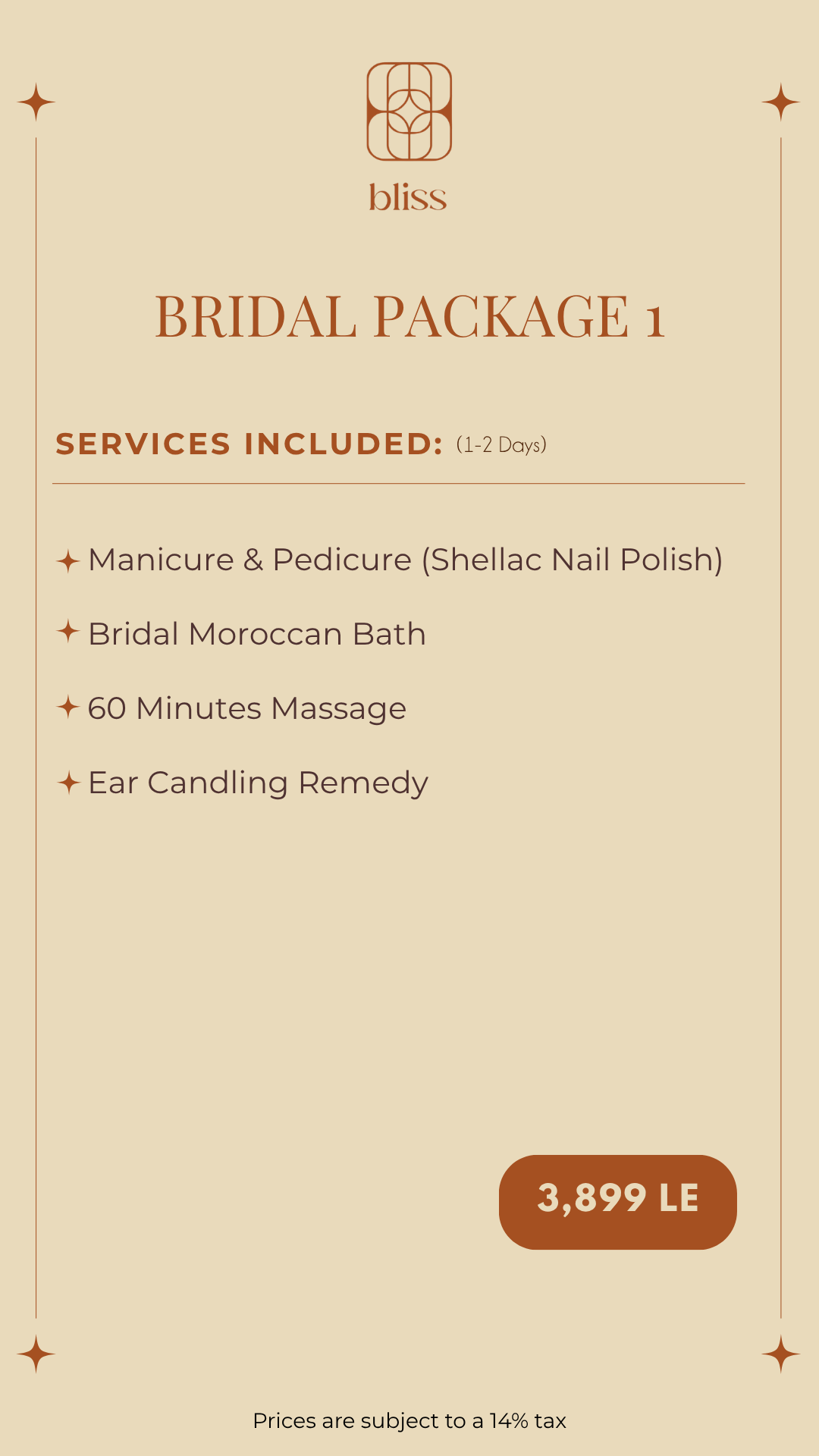 Bridal Package 1 prices at Bliss Spa in Heliopolis, Cairo