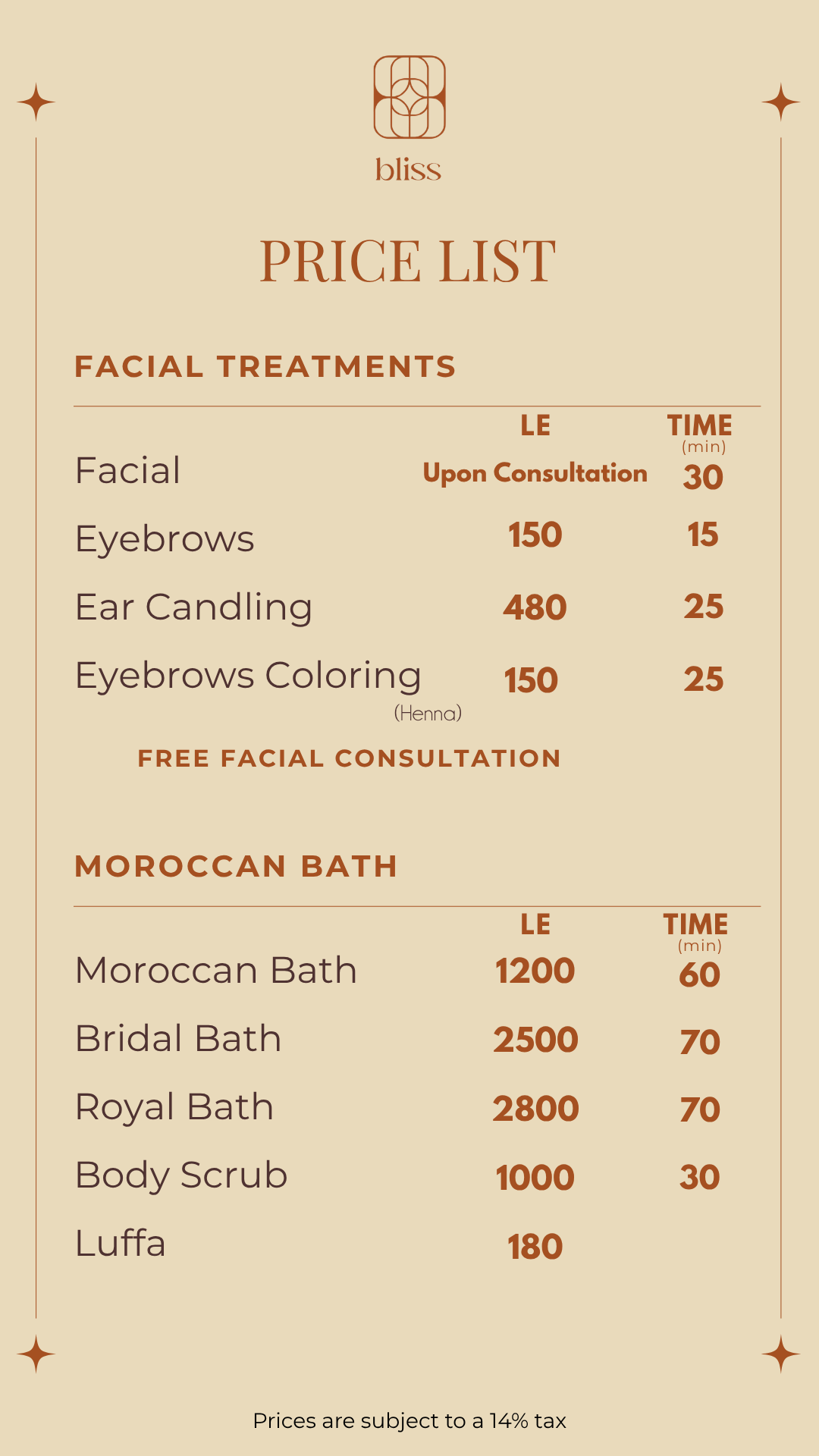 Facial and Moroccan bath prices at Bliss Spa in Heliopolis, Cairo