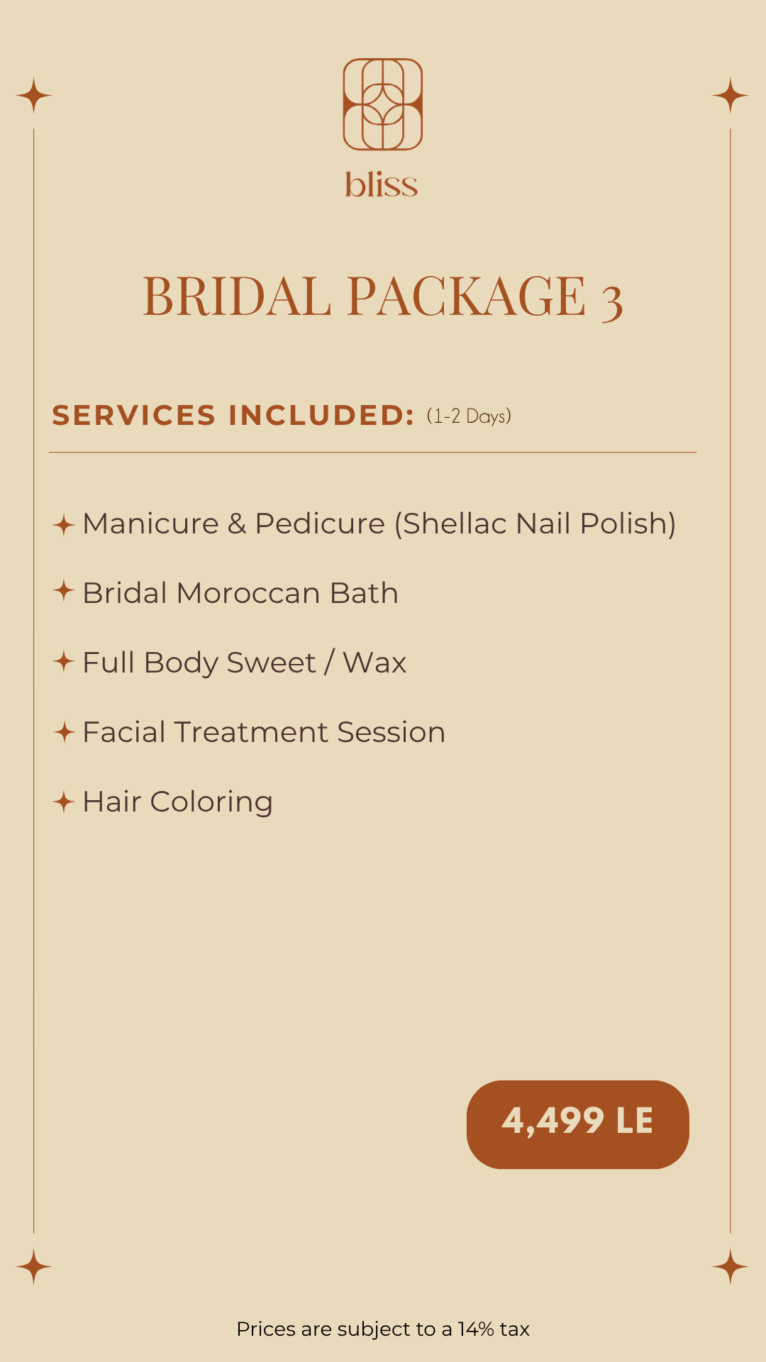 Bridal Package 3 prices at Bliss Spa in Heliopolis, Cairo