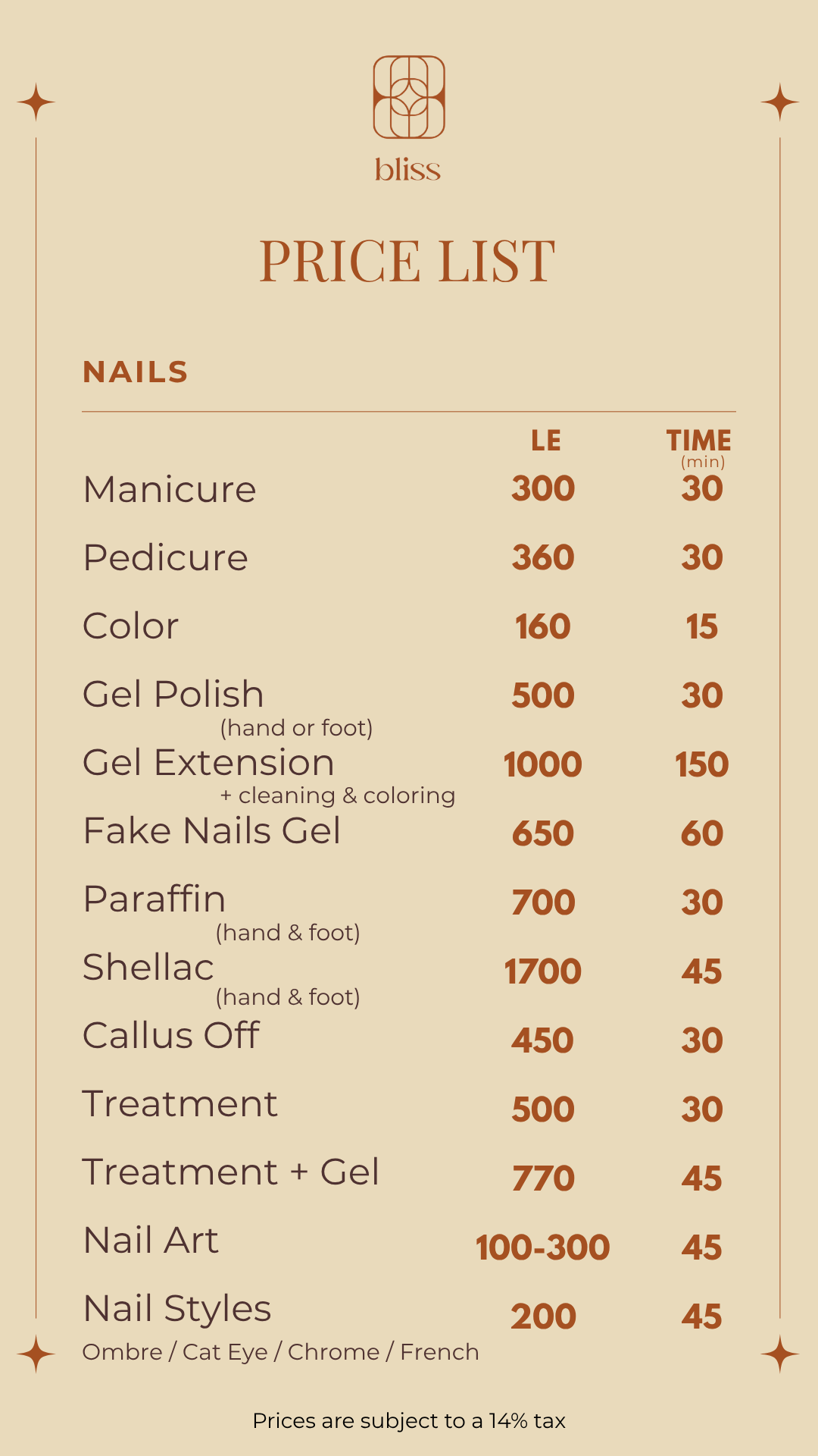 Nails prices at Bliss Spa in Heliopolis, Cairo