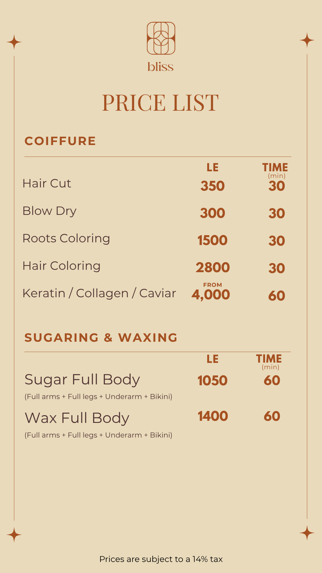 Hair and Sugar & Waxing prices at Bliss Spa in Heliopolis, Cairo