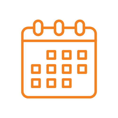Orange outline calendar icon with a black background.