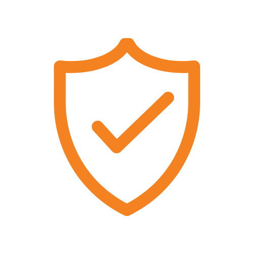 Orange shield icon with a checkmark in the center on a black background.