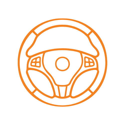 Line drawing of a car steering wheel in orange on a black background.
