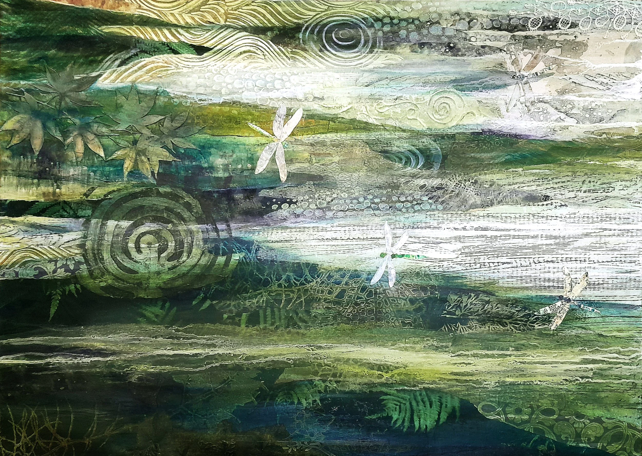 Mixed media painting with dragonflies and layered natural textures by Catherine Fostervoll