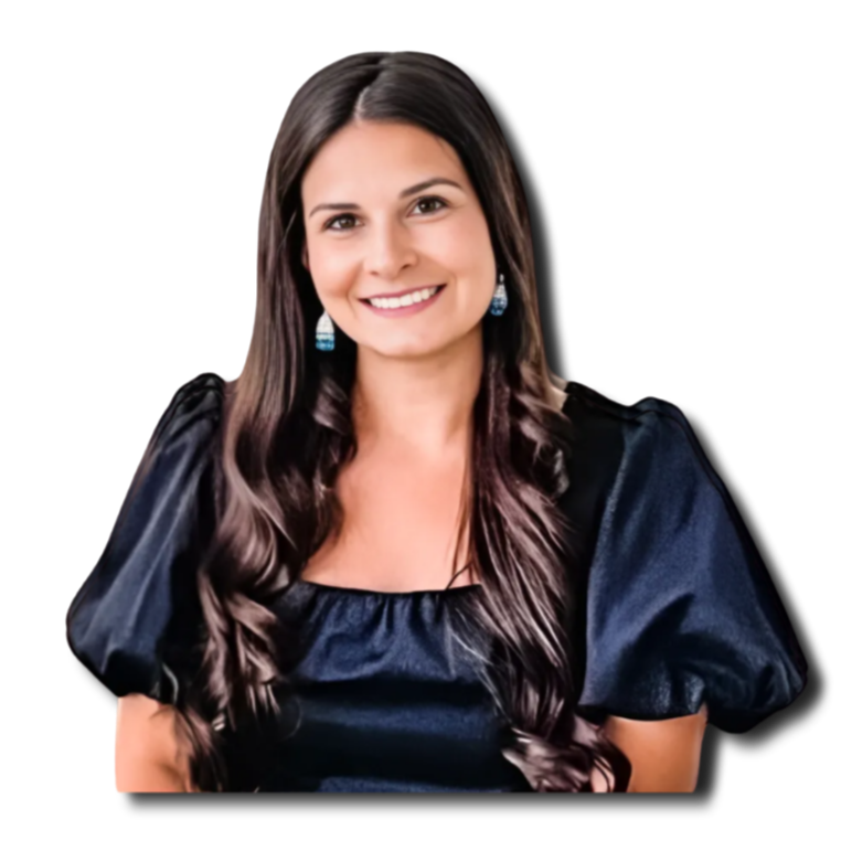 A woman with long, dark brown hair smiling, wearing a black dress with puffed sleeves and blue earrings, against a black background.