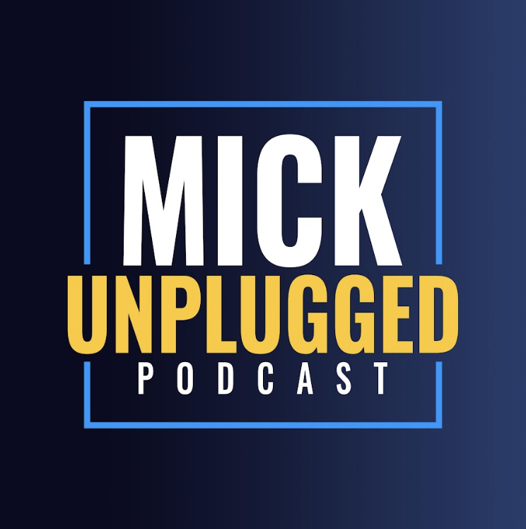 Logo for Mick Unplugged Podcast with a dark blue background, the podcast name in bold white and yellow text, and a blue rectangular outline.