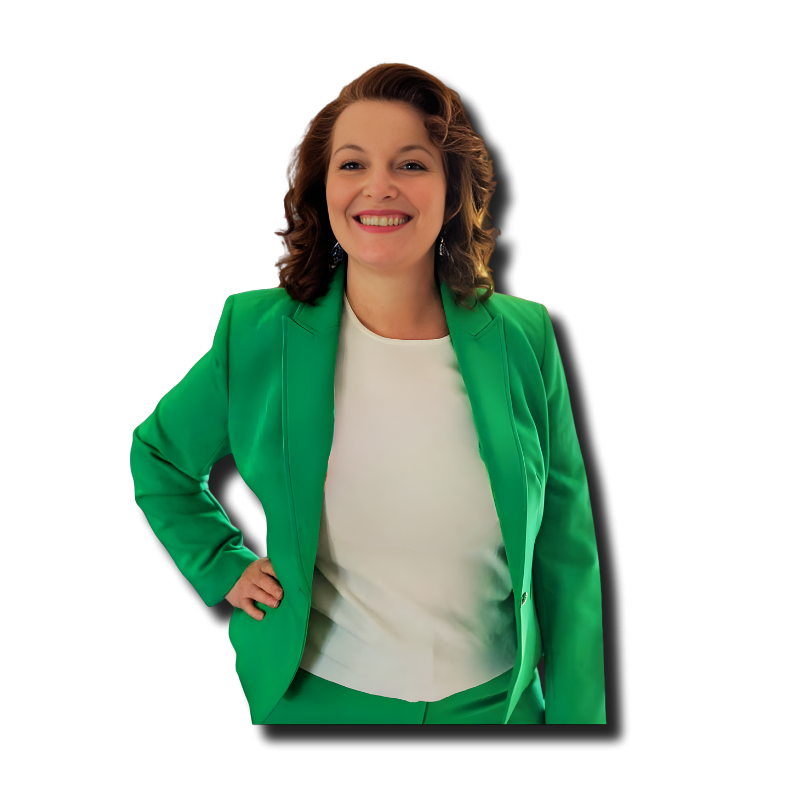A woman with brown, wavy hair wearing a bright green suit and white top, smiling confidently with one hand on her hip against a black background.