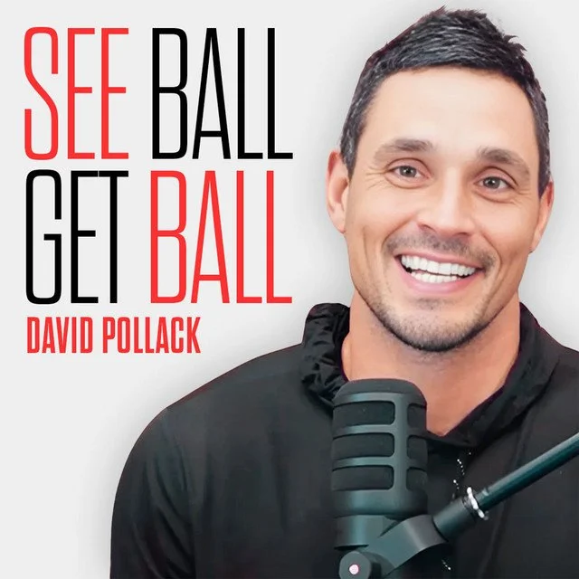 Book cover titled "See Ball Get Ball" with a smiling man in front of a microphone, author David Pollack.