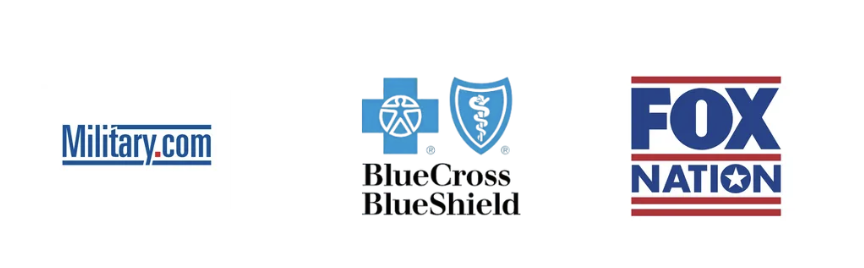 Logos of Military.com, Blue Cross Blue Shield, and FOX Nation