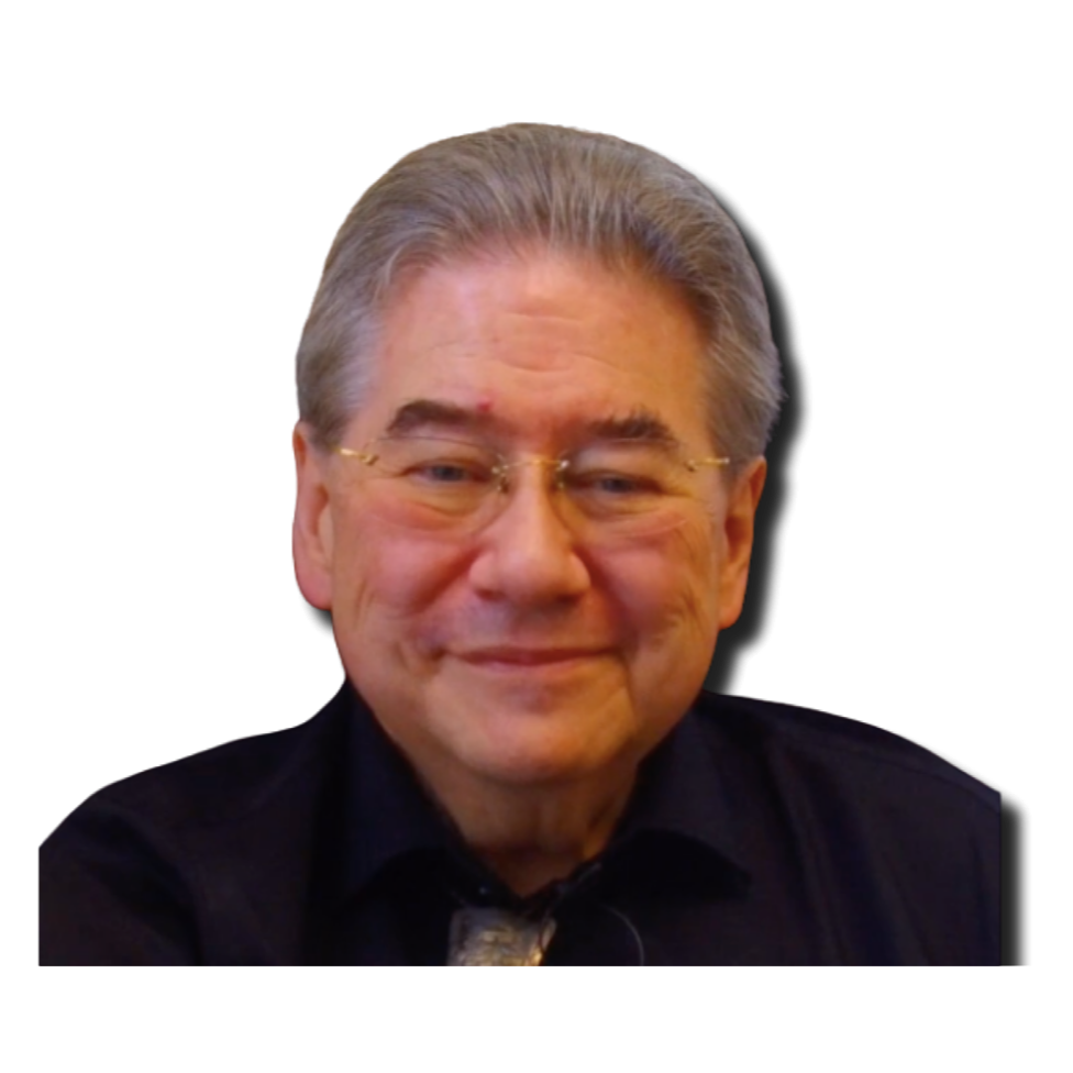 A smiling elderly man with gray hair, glasses, and wearing a black shirt, against a black background.