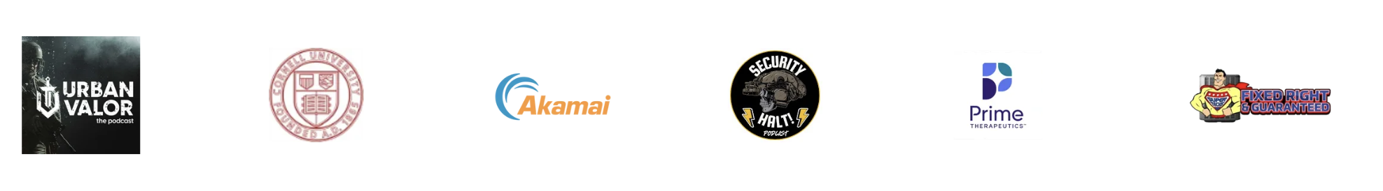 Row of six podcast logos on a white background, including Urban Valor, Princeton, Akamai, Security Halt, Prime Therapeutics, and Fixed Right & Guaranteed.