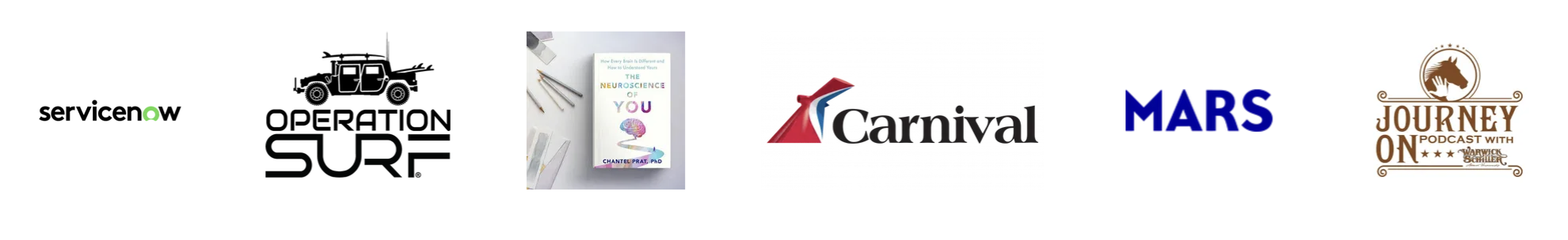 A row of six logos representing different organizations or brands, including ServiceNow, Operation SURF, a book titled "The Neuroscience of You," Carnival, Mars, and Journey On Podcast.