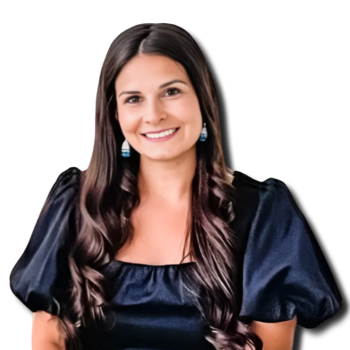A woman with long, dark brown hair smiling, wearing a black dress with puffed sleeves and blue earrings, against a black background.