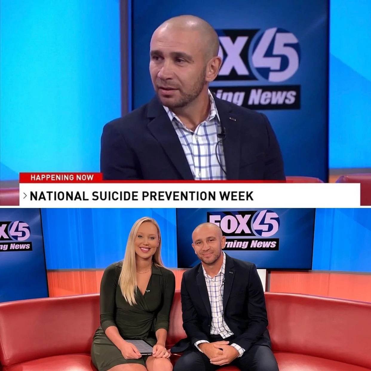 Two television news anchors and a guest in a studio, discussing National Suicide Prevention Week.