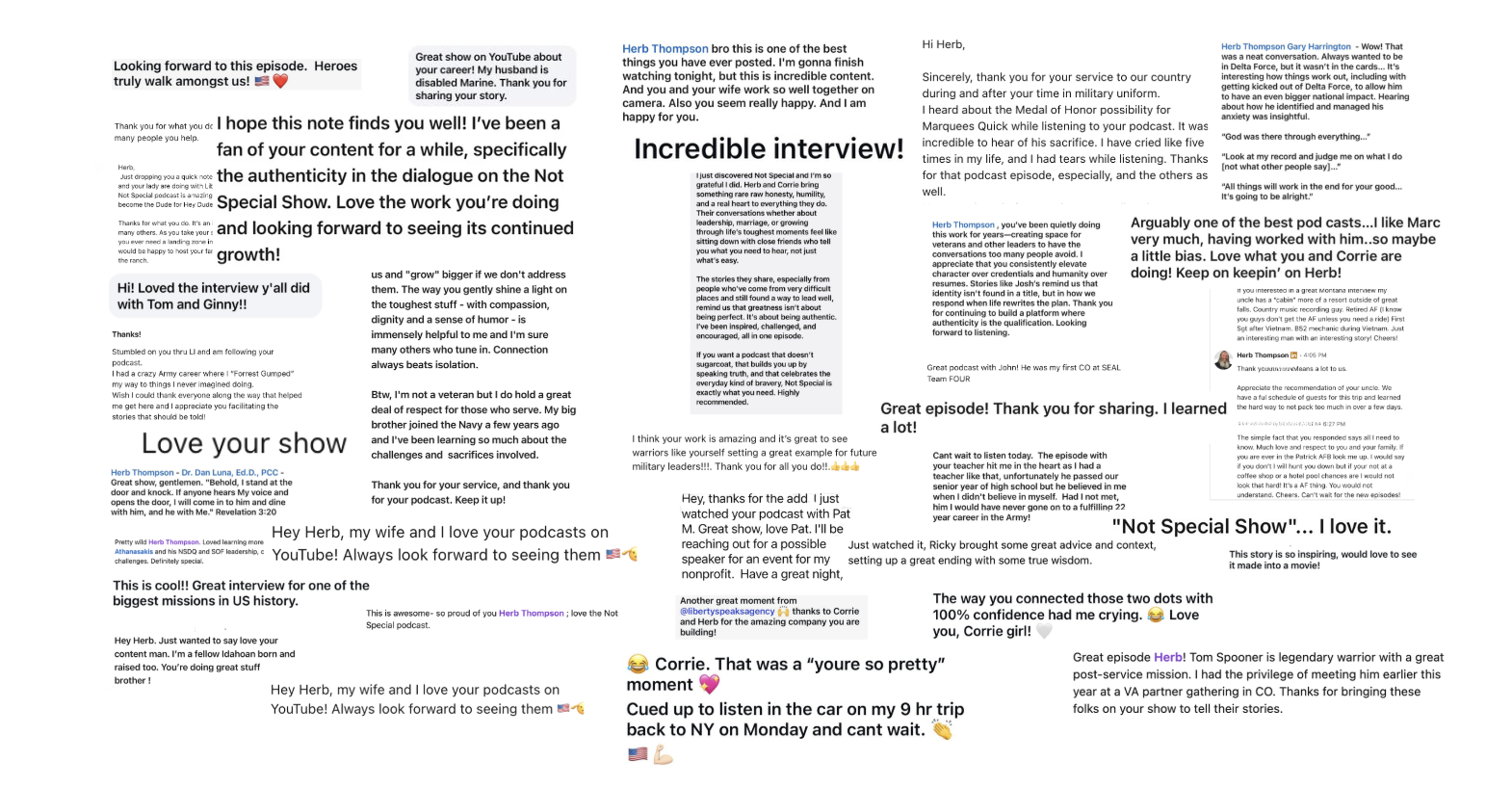 A digital collage of various comments and quotes expressing appreciation and positive feedback about a podcast, featuring text snippets of interviews, thank-you messages, and personal comments.