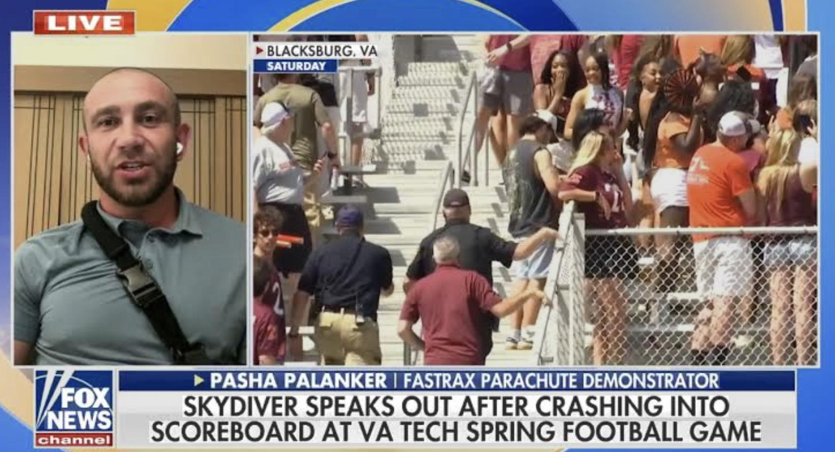 Fox News news segment with a reporter on the left and a crowd of people on bleachers in the Chiang on the right. The segment reports a skydiver crashing into a scoreboard at a VA Tech spring football game.