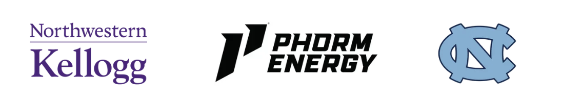 Logos of Northwestern University Kellogg School of Management, Phorm Energy, and University of North Carolina.