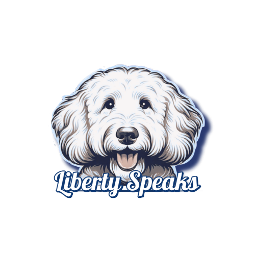 Illustration of a fluffy white dog with a happy expression, with the text "Liberty Speaks" below it.