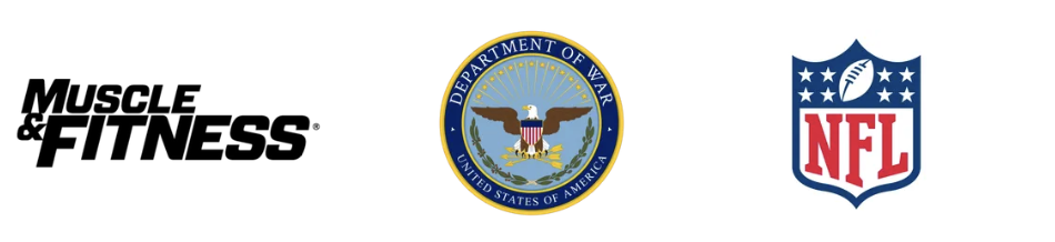 Logos of Muscle & Fitness, U.S. Department of War, and NFL side by side