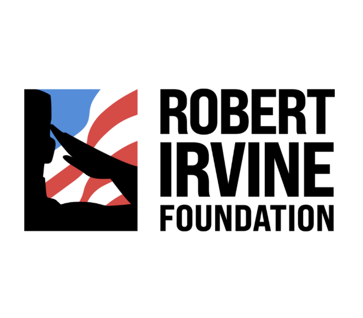 Logo of the Robert Irvine Foundation featuring a black silhouette of a person and a hand with a finger pointing to the person's temple, with red and blue stripes in the background.