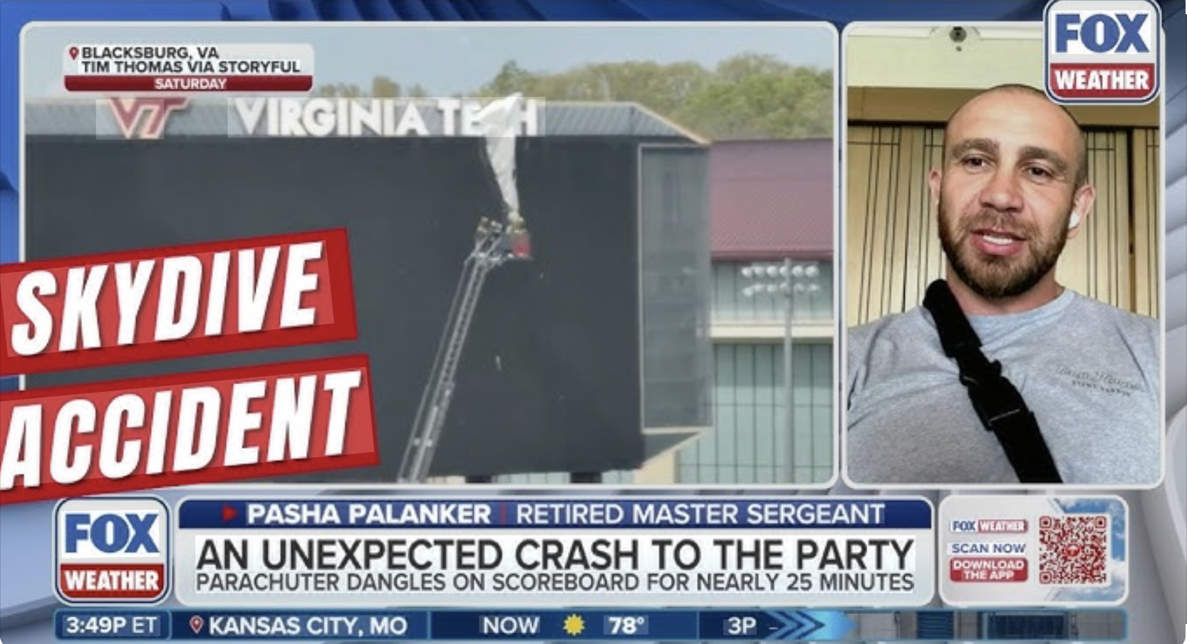 A news broadcast on FOX Weather showing a hot air balloon that caught fire, with the headline "Skydive Accident." The right side features a man with a shaved head and beard, speaking in an interview. The broadcast includes weather information and a Q