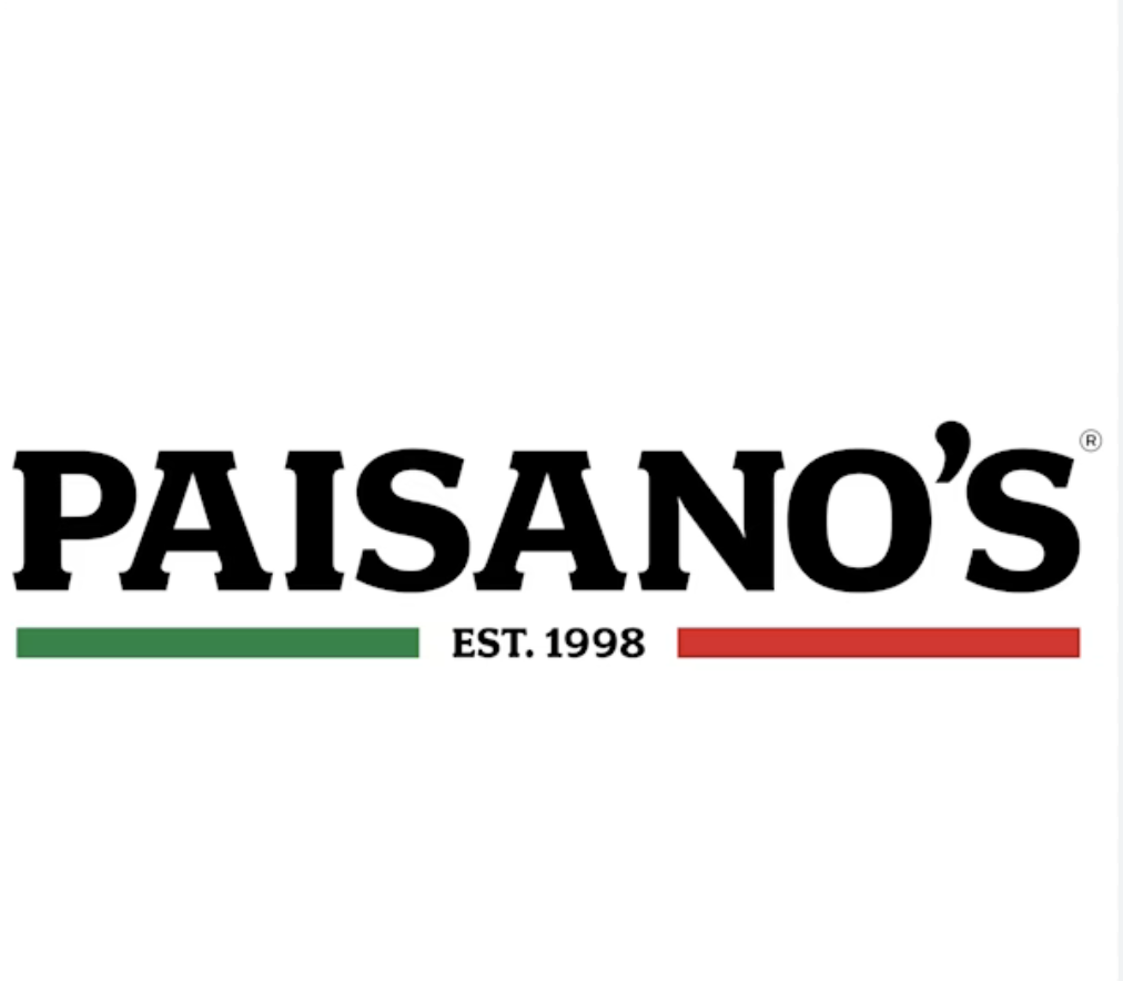 Logo of Paisano's with the text EST. 1998, featuring a green and red stripe underneath.