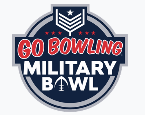 Logo for the Go Bowling Military Bowl featuring a shield, stars, and a football design.