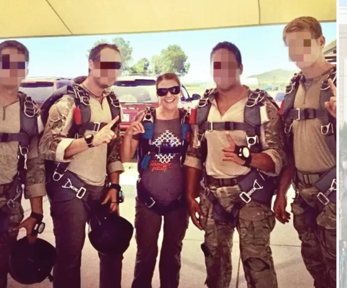 A group of five skydivers standing together, wearing skydiving gear including harnesses and helmets, with an outdoor airport background.