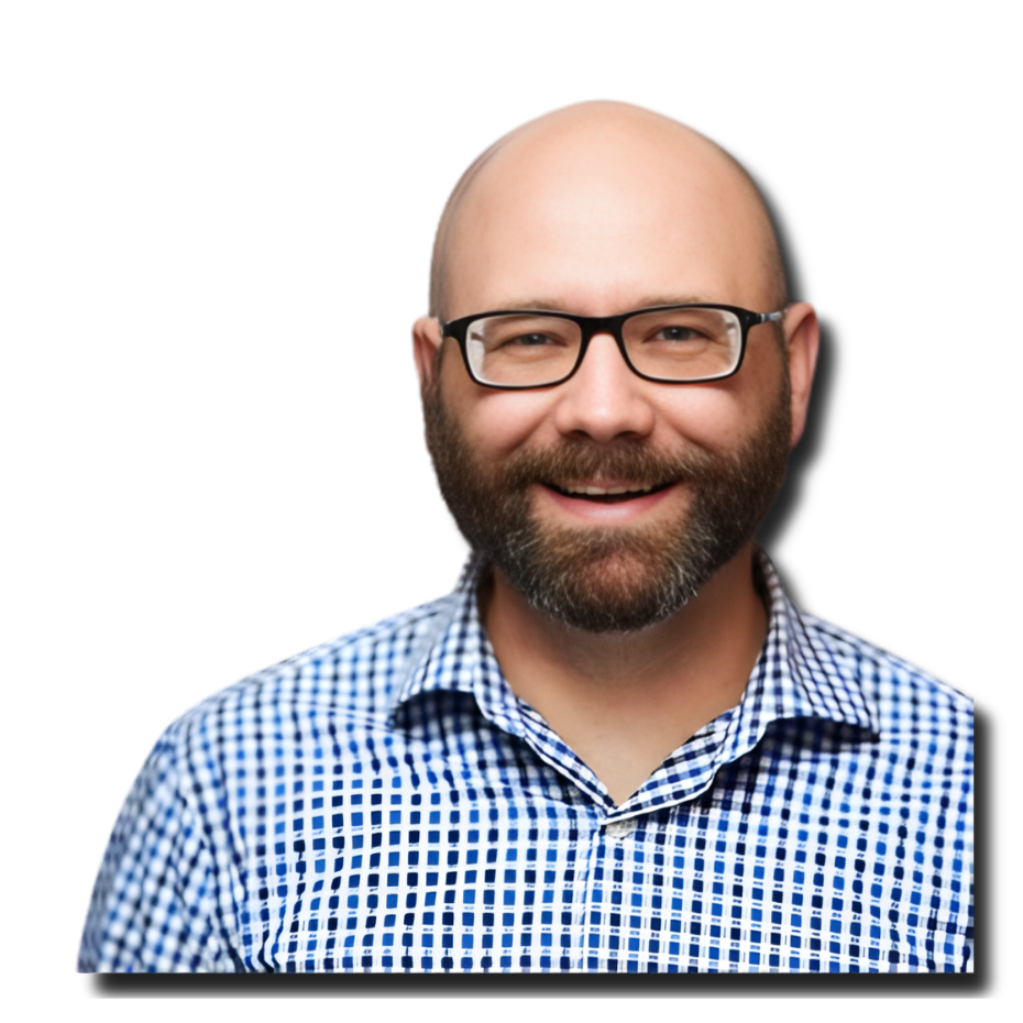 Smiling man with a beard and glasses wearing a blue checkered shirt.