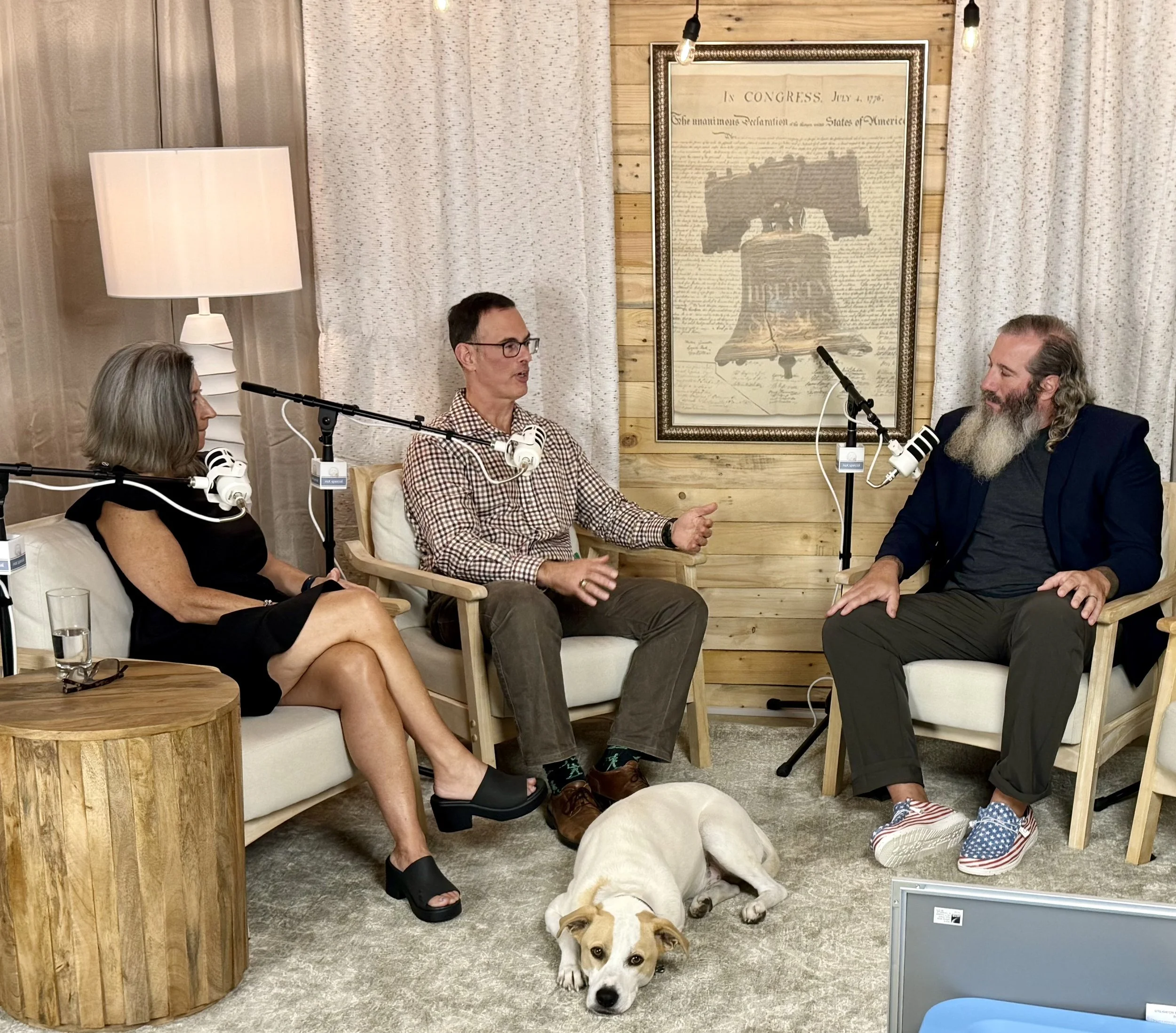 Four people sitting on chairs in a room with wooden and fabric wall decor, microphones in front of them, a dog lying on the carpet, and a large framed document on the wall.