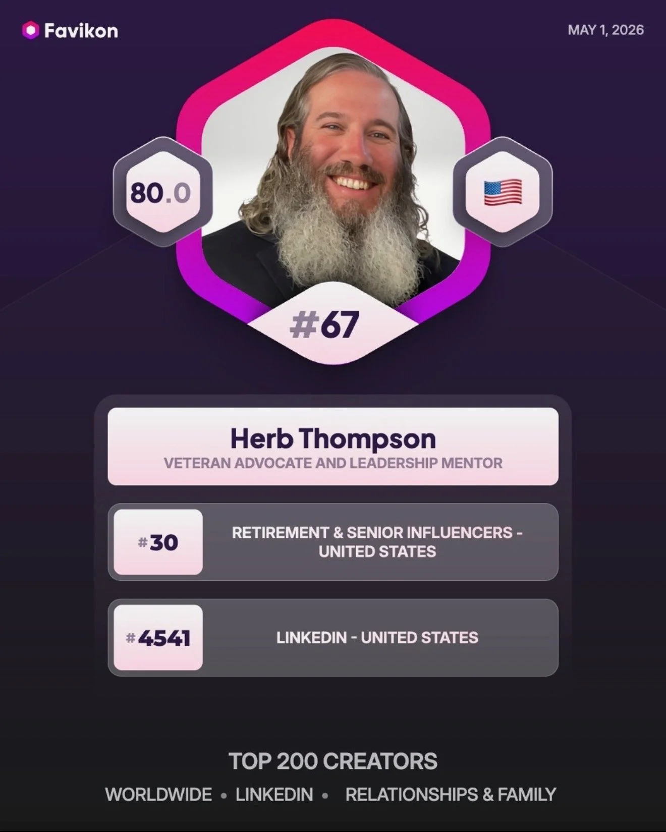 A digital graphic of Herbie Thompson, a veteran advocate and leadership mentor, ranked 67th on a May 1, 2026, list. The graphic features his photo, a smiling man with long hair and a beard, with American flags and numerical stats indicating his influence, including a score of 80.0 and rankings in various categories.
