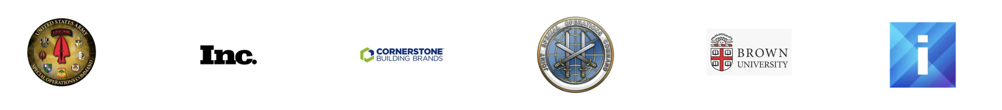 Row of logos including United States Army Special Operations Command, INC, Cornerstone Building Brands, Joint Special Operations Command, Brown University, and an 'i' icon with a blue background.