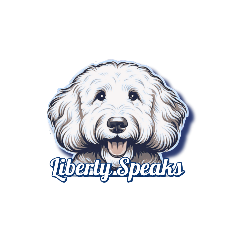 Illustration of a smiling white fluffy dog with the text "Liberty Speaks" beneath it.