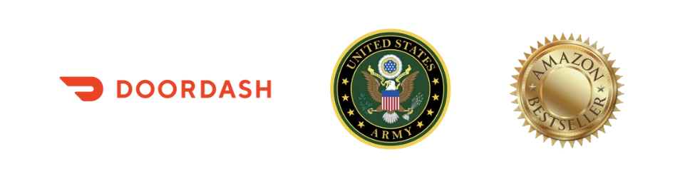 Logos of DoorDash, U.S. Army, and Amazon Bestseller award.