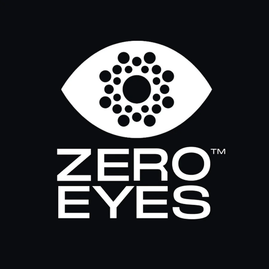 A black background with an eye-shaped design made of dots and circles above the text 'Zero Eyes' in white, bold font.