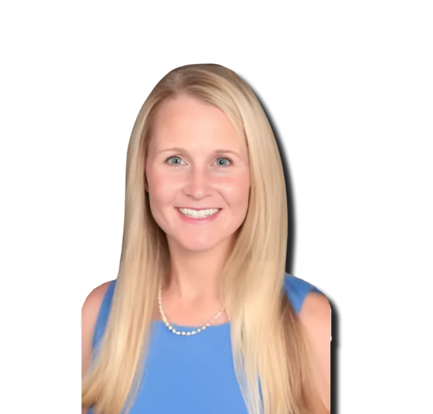A smiling blonde woman with blue eyes wearing a sleeveless blue dress and a pearl necklace, posed against a plain black background.