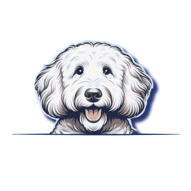 Illustration of a fluffy, white dog with a wide smile and dark eyes, facing forward.