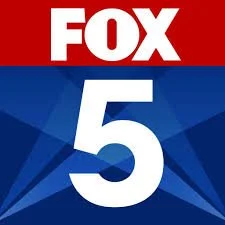 FOX 5 logo with red background and white text, featuring a large number 5 on a blue geometric background