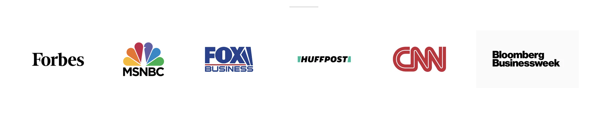 Logos of Forbes, MSNBC, Fox Business, HuffPost, CNN, and Bloomberg Businessweek.