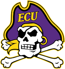 Logo of East Carolina University featuring a skull with an eye patch, wearing a purple pirate hat with yellow trim and the initials ECU, along with a yellow scarf and crossed bones underneath.